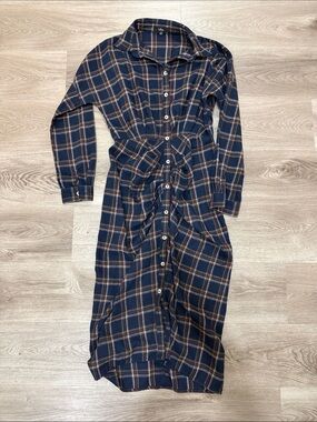 Lulu's Navy and Brown Plaid Long-Sleeve Button Midi Dress